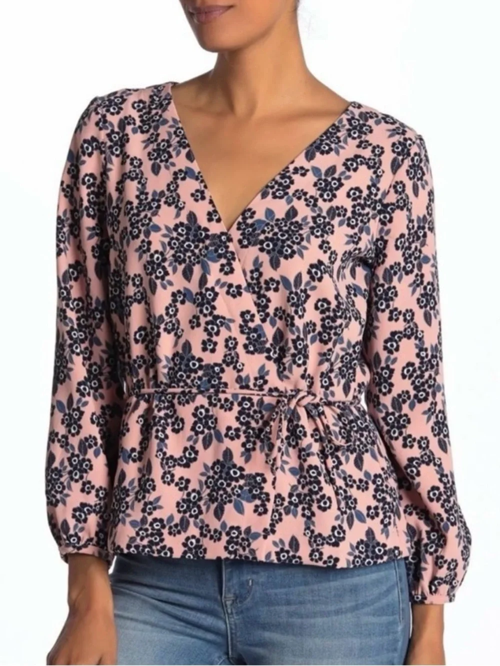 J. Crew Pink & Blue Floral Print Faux Wrap Crepe Blouson Sleeve Blouse Size 4